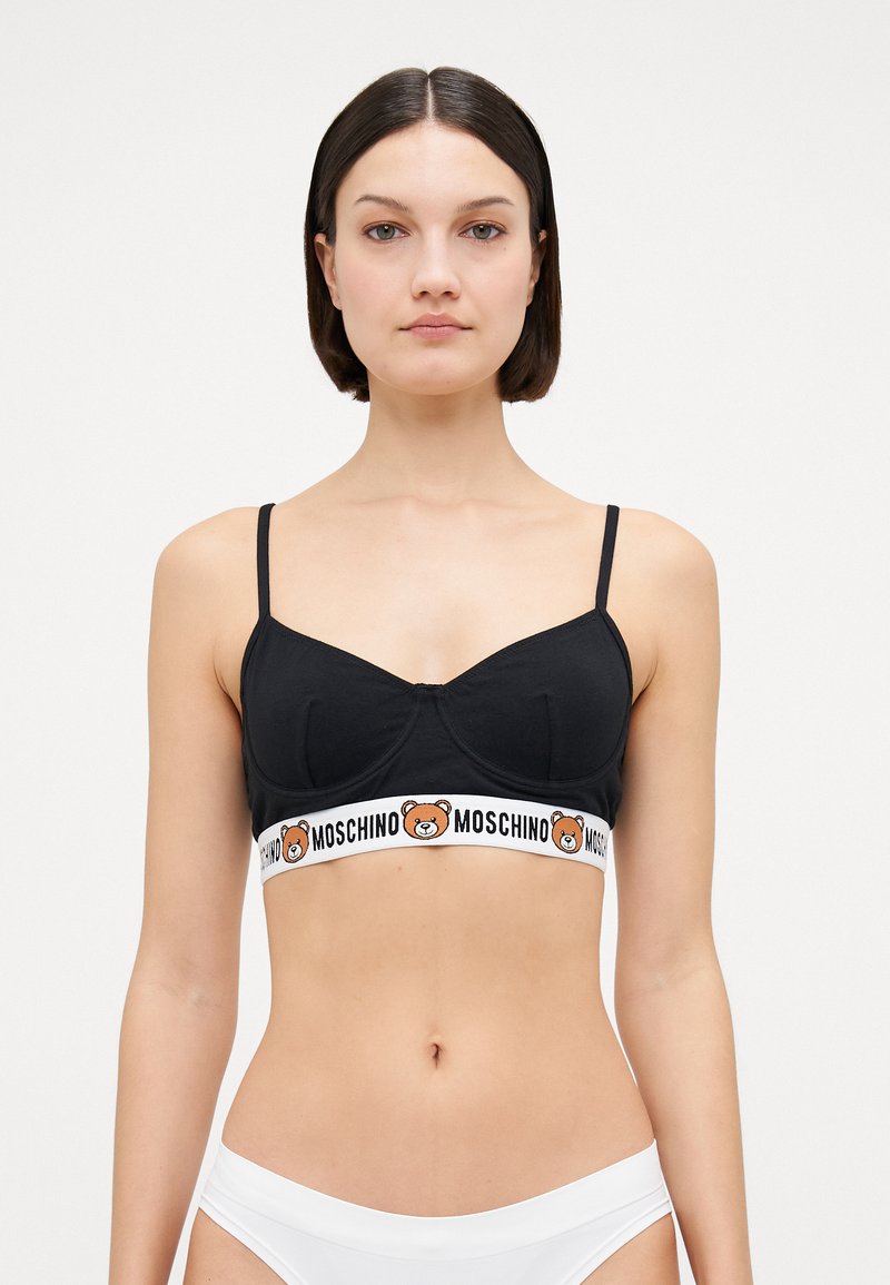 Crni pamučni grudnjak s strukturiranim dizajnom, podešavanim trakama i bijelim elastičnim pojasom s motivom medvjeda i logotipom "Moschino".