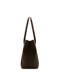 Brown leather tote bag with a textured finish, elongated handles, and a soft, angular shape. No visible hardware accents.