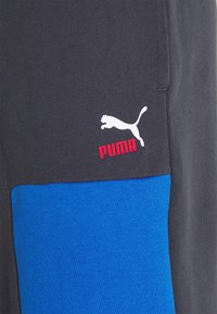 Sportovní šortky Puma s šedou tkaninou a modrým panelem. Bílá značka Puma s červeným textem v dolním rohu. Měkký, strukturovaný materiál.