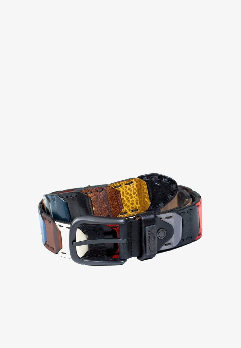 Multicolored leather belt featuring hexagonal patches in shades of blue, black, brown, yellow, and red. Black metal buckle and stitching details.