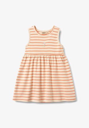 Ärmelloses cremefarbenes Kleid mit orangen horizontalen Streifen und einer kleinen auf der Brust bestickten Blume, geraffte Taille für einen ausgestellten Rock.