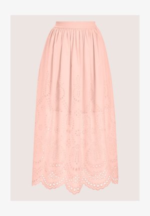 Lichtroze, knielange rok met een elastische tailleband, versierd met geborduurde bloemenpatronen en perforaties aan de zoom.