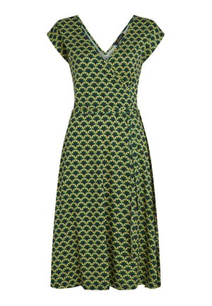 Grün-gelb gemustertes Wickelkleid mit Kurzärmeln und V-Ausschnitt, mit einem Taillengürtel und einem ausgestellten Rock.