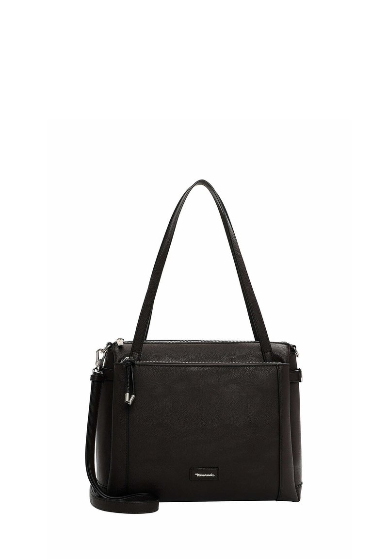 Sac à main en cuir noir avec une forme structurée, deux poignées supérieures et une bandoulière réglable. Présente des garnitures en métal argenté et une fermeture éclair.