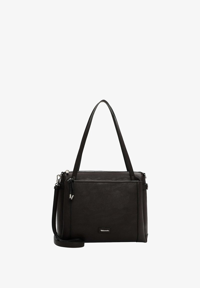 Zwarte leren handtas met een gestructureerde vorm, dubbele bovenhandvatten en een verstelbare schouderriem. Voorzien van zilverkleurige hardware en een ritssluiting.