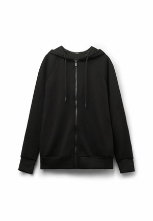 Black zip-up hoodie with a lined hood, raglan sleeves, and ribbed cuffs, made from smooth fabric, featuring front zipper and drawstring.