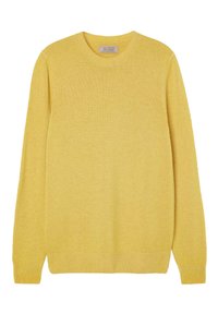 Pull en cachemire jaune à manches longues, col rond, tricoté, avec poignets et ourlet côtelés, étiqueté Falconeri.
