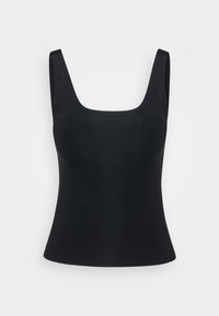 Black sleeveless fitted top with wide shoulder straps and a square neckline against a plain light background.