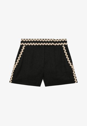 Černé šortky s béžovým cikcak lemováním podél pasu a bočních švů, s přizpůsobeným střihem a předními sklady.