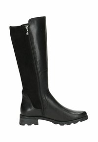 Botte noire montant en cuir lisse et en daim, avec une fermeture éclair sur le côté, un bout arrondi et une semelle texturée.