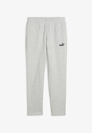 Pantalones de chándal Puma de color gris claro con cinturilla elástica y logo negro de Puma en la parte superior del muslo izquierdo, mostrados planos.