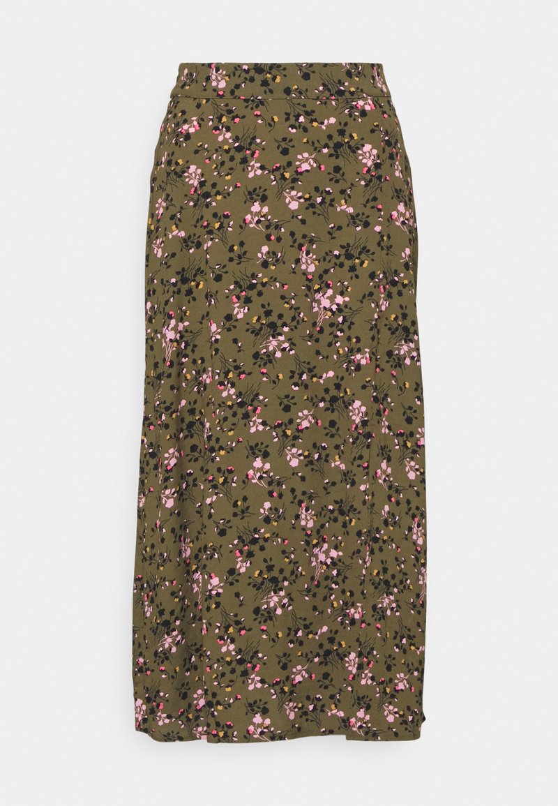 Saia maxi verde oliva com um padrão floral featuring flores rosa, pretas e amarelas. Feita de um tecido leve, com cintura de altura média.