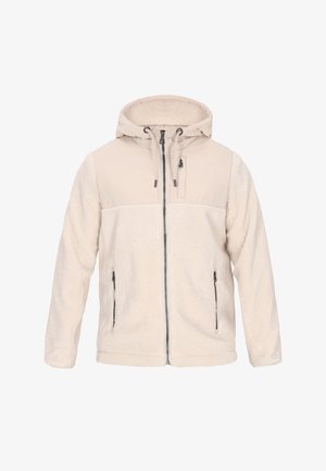 Beige jas met een zachte, gestructureerde fleece achterkant en een glad paneel. Het heeft een capuchon, een rits aan de voorkant en twee zijzakken.