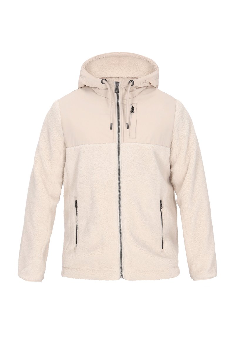 Jachetă bej cu corp din fleece moale și texturat și un panou neted. Are glugă, fermoar frontal și două buzunare laterale.