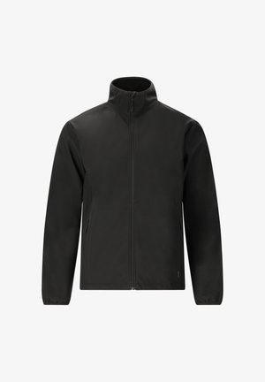 Zwarte jas met hoge kraag, ritssluiting aan de voorkant en zijzakken; gladde textuur, lichtgewicht stof en een eenvoudig, functioneel ontwerp.