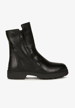 Black leather ankle boot with a side zipper, textured sole, and chunky heel. Smooth finish with minimal stitching and durable design.
