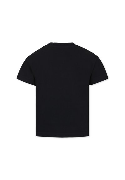 Maglietta nera a maniche corte in cotone, con scollatura rotonda e orlo dritto, senza decorazioni o abbellimenti visibili.