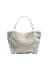 Borsa in pelliccia sintetica di un morbido beige chiaro, con due manici sottili di colore crema, forma rettangolare e una trama sottile.