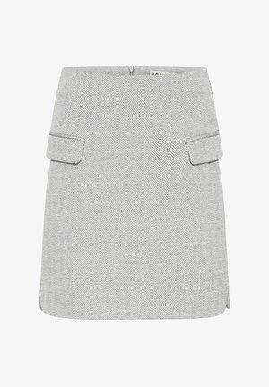 Pelēks zigzag raksts svārki ar divām priekšējām kabatām, neredzama rāvējslēdzēja aizdare aizmugurē un pielāgota piegriezuma forma. Īsa garuma ar sānu šķēlumiem.