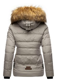 Beige pufferjack met een nepbont capuchon, met een gewatteerd ontwerp, verstelbare taille en leren accenten met logo. Achteraanzicht getoond.