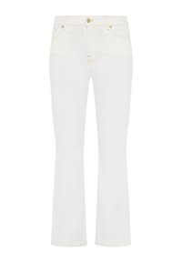 Witte denim flared jeans met een standaard tailleband, contrasterende stiksels en koperkleurige hardware. Gladde textuur met een enkel-langere snit.