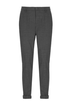 Pantaloni grigi realizzati in un tessuto testurizzato, con un design aderente, risvolti e una parte frontale piatta con passanti per cintura.
