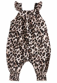 Luipaardprint romper met geplooide bandjes, verzamelde buste, elastische manchetten en een zachte beige achtergrond met zwarte en bruine vlekken.