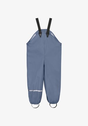 Blue waterproof overalls with adjustable black straps, elastic cuffs, and a reflective strip at the waist. Smooth texture and durable material.