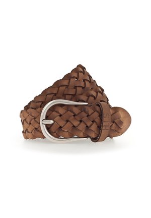 Brown braided leather belt featuring a silver metal buckle and a round end. Textured surface with a smooth finish on the buckle.