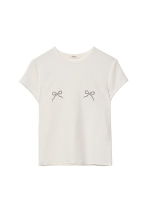 Hvid kortærmet bomulds t-shirt med to små sorte sløjfedesign på forsiden, med en klassisk crew neckline og afslappet pasform.