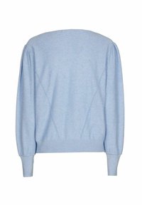 Pull léger bleu avec une texture douce, doté d'un large encolure ronde, de manches bouffantes et de poignets et ourlet côtelés. Le dos présente des accents de couture.