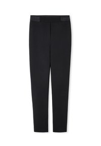 Pantalon noir à la texture lisse, jambes fuselées, taille plate et détails de couture discrets. Pas de poches ni d'ornements visibles.