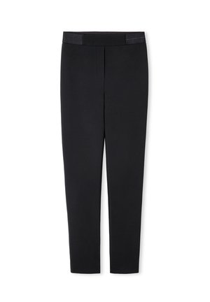 Pantalones negros con una textura suave, piernas ajustadas, cintura plana y detalles de costura sutiles. No hay bolsillos ni adornos visibles.