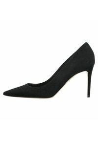 Décolleté neri in suede con punta affilata e design elegante. Presenta un sottile tacco a stiletto e un'apertura arrotondata.