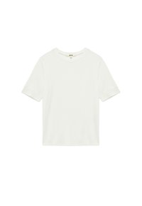 Korte mouwen, witte katoenen t-shirt met een ronde halslijn en lichtgerolde mouwen. Soepele textuur met een relaxte pasvorm.