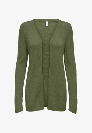 Cardigan verde oliva de apertura frontal con mangas largas, material de punto texturizado y sin cierres, que presenta un ajuste relajado y un diseño simple.