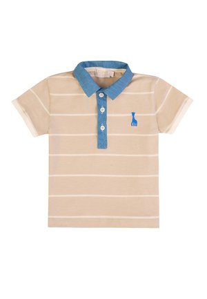 Beige short-sleeve polo shirt with white horizontal stripes, blue collar and button placket, and small blue giraffe logo on chest.