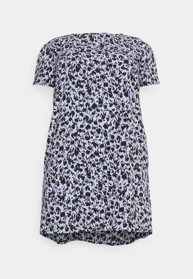 Robe ample à manches courtes avec motif floral noir sur fond violet clair, avec un col rond et un ourlet légèrement incurvé.