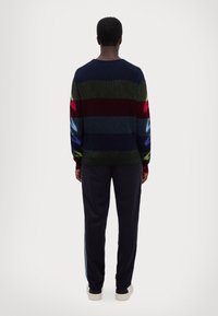 Gestreifter Pullover in mehreren Farben, navy, grün, rot und blau, mit lockerer Passform und gerippten Bündchen. Kombiniert mit dunklen Hosen und Sneakern.