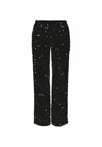 Pantalon en sequins noirs avec un design à jambe droite, présentant une taille haute et une texture de surface scintillante grâce à des sequins répartis uniformément.