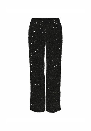 Pantalones de lentejuelas negros con diseño de pierna recta, que presentan un corte de cintura alta y una textura de superficie brillante gracias a las lentejuelas distribuidas uniformemente.