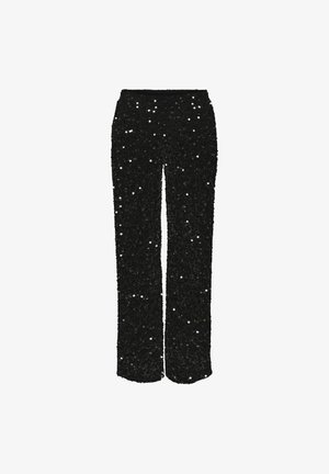 svarte paljetter bukser med rett ben design, med høyt liv og glitrende overflate tekstur fra paljettene jevnt fordelt.