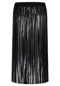 Schwarzer Faltenrock mit metallischem Glanz, ausgestattet mit einem schwarzen elastischen Bund. Der Stoff zeigt vertikale Streifen und eine glatte Textur.