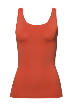 Punainen hihaton toppi, joka on valmistettu sileästä, joustavasta kankaasta. Ominaisuuksiin kuuluu pyöreä kaula-aukko ja istuva muotoilu.