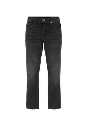 Zwarte denim jeans met een rechte snit, vijf zakken en contrasterende stiksels. Voorzien van een rits- en knoopsluiting. Schoon ontwerp, minimale slijtage.