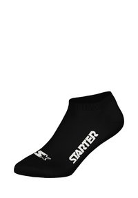 Schwarze Knöchelsocke aus glattem Stoff mit geripptem oberen Rand. Mit weißem "STARTER"-Logo und einer kleinen Grafik an der Seite.
