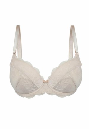 Kremowy koronkowy biustonosz z kwiatowymi wzorami, regulowanymi ramiączkami, miseczkami z fiszbinami oraz małą kokardką na środku.