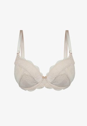 Kremowy koronkowy biustonosz z kwiatowymi wzorami, regulowanymi ramiączkami, miseczkami z fiszbinami oraz małą kokardką na środku.