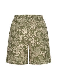 Shorts verts avec un motif floral de feuilles en blanc cassé. Taille élastique, coupe décontractée, longueur au genou, fabriqués en tissu léger.