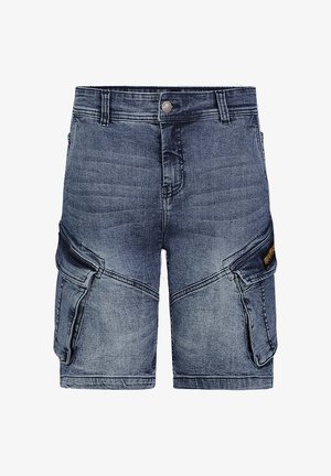 Denim cargo shorts in dark blue with multiple side pockets, a front button closure, and a faded, textured finish.